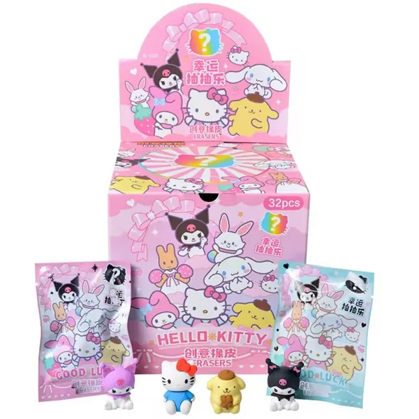 The 32-pack display box with a pink pack and a blue pack beside it, and four erasers in front: a purple Kuromi, Hello Kitty in blue, Pompompurin and a black Kuromi