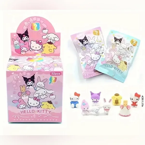 The display box, a pink and a blue pack, and eight erasers: two Hello Kitty, Kuromi, My Melody, Cinnamoroll, Pompompurin, a white bunny and a figure in a pink-and-white dress, marked about 4 cm (1.57 in) tall